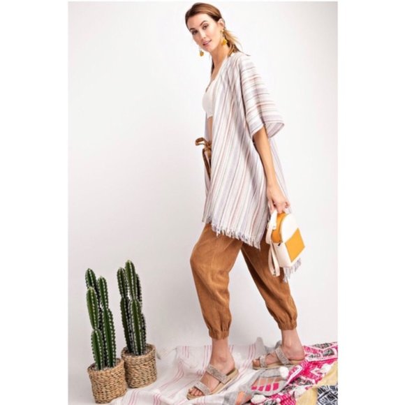 Striped Linen Textured Frayed Open Kimono - Picture 3 of 5